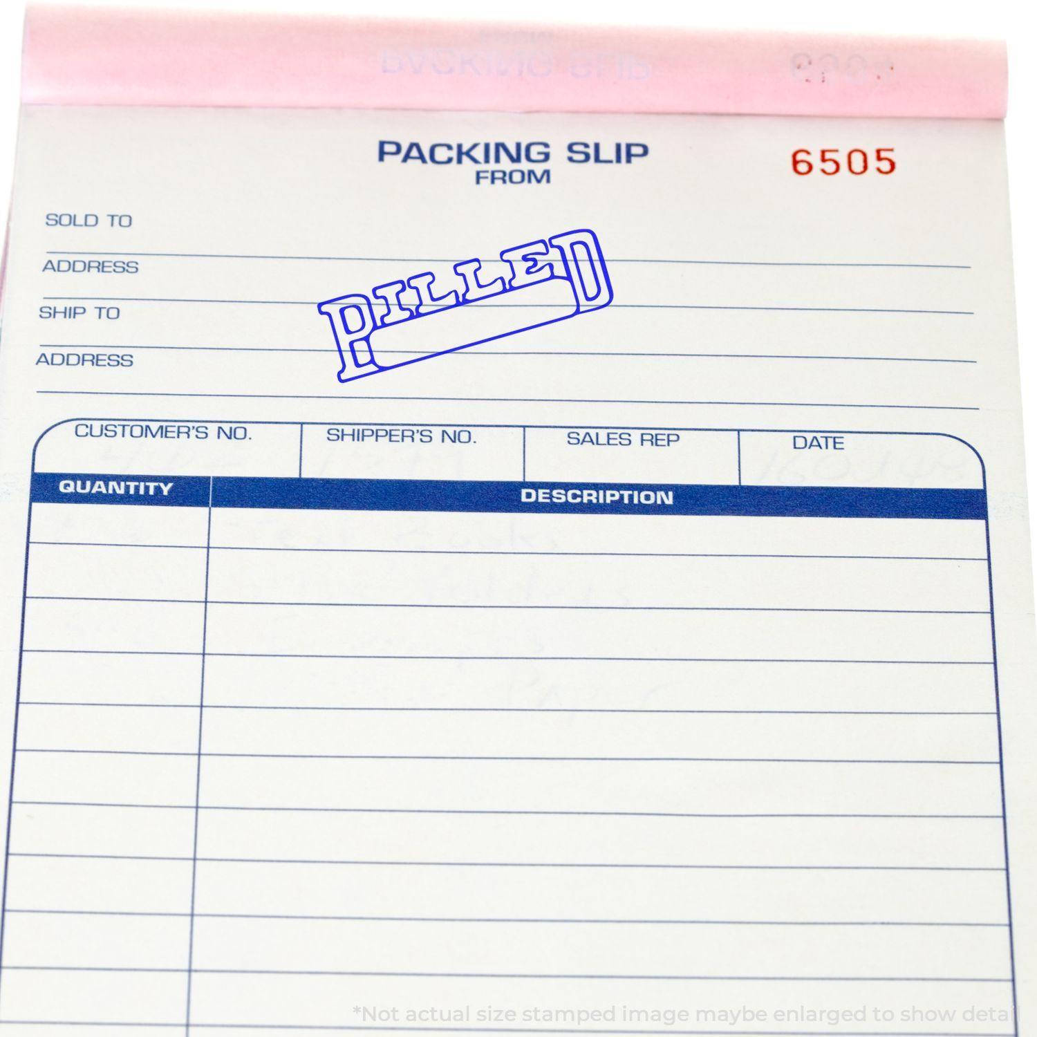 Packing slip with a Billed with Date Box Rubber Stamp in blue ink, showing the word Billed prominently stamped on it.