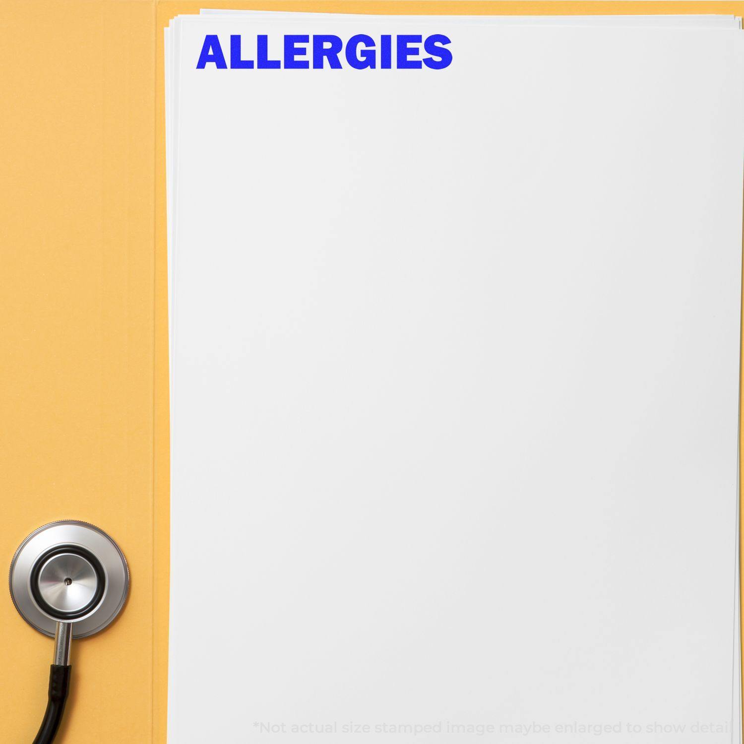 Bold Allergies Rubber Stamp on white paper with a stethoscope on a yellow background.