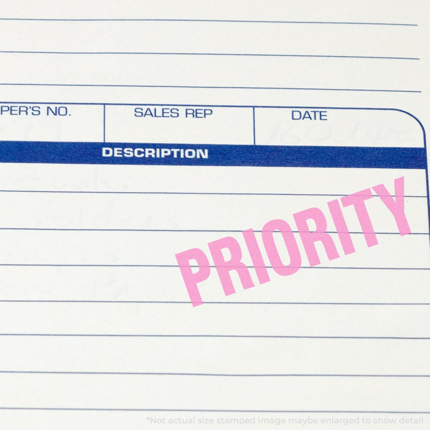 Bold Priority Rubber Stamp in pink ink on a lined paper form, emphasizing the importance of the document.