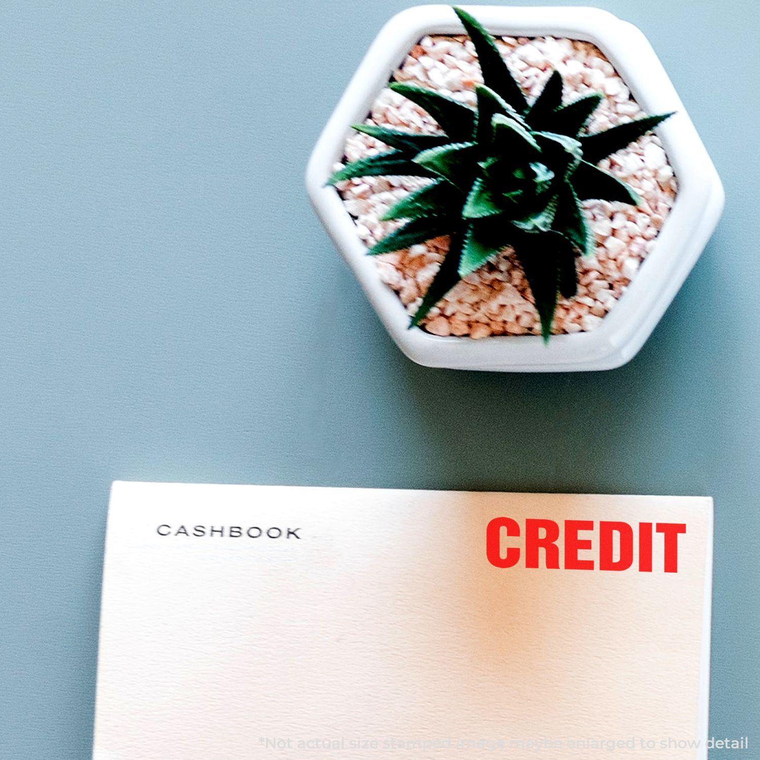 Bold red credit rubber stamp on a cashbook page next to a small potted succulent plant on a light blue surface.