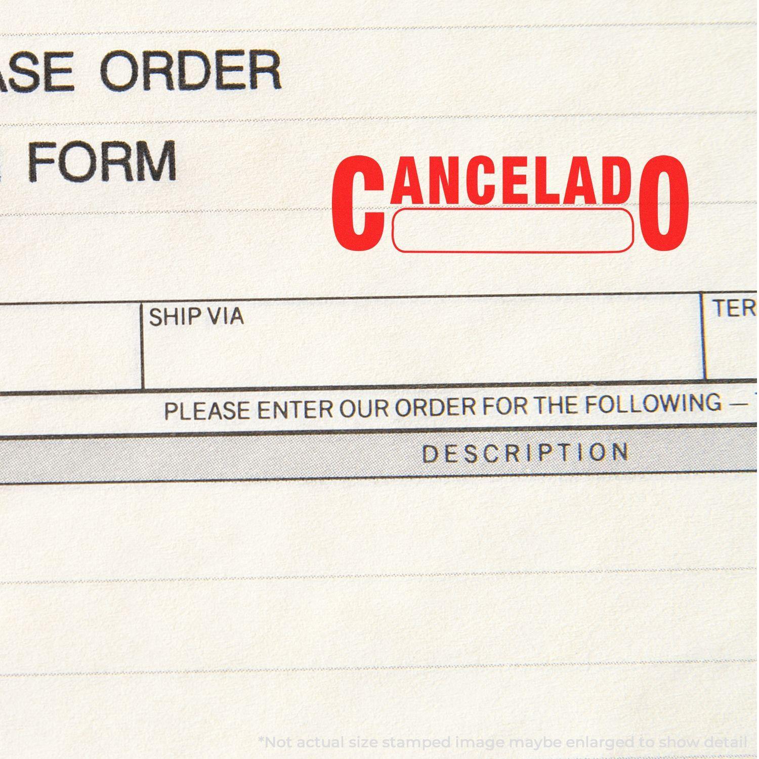 Slim Pre-Inked Cancelado with Box Stamp in red ink on a purchase order form, highlighting the word Cancelado in a box.