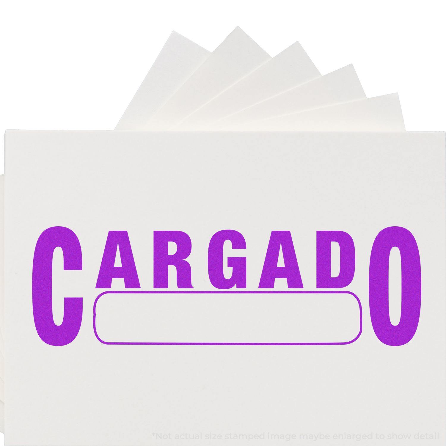 Large Self Inking Cargado Stamp in use, showing the word CARGADO in bold purple letters on a white background with multiple stamped impressions.