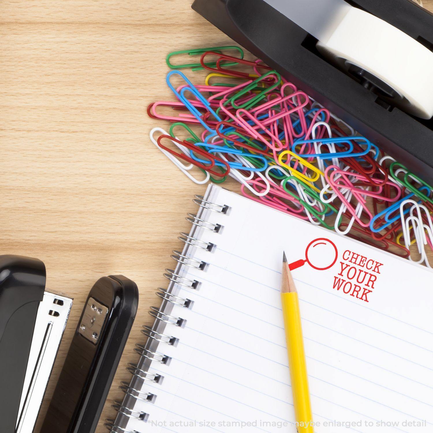 A desk with a stapler, tape dispenser, colorful paperclips, and a notebook stamped with CHECK YOUR WORK using the Large Self Inking Check Your Work Stamp. A yellow pencil is placed on the notebook.