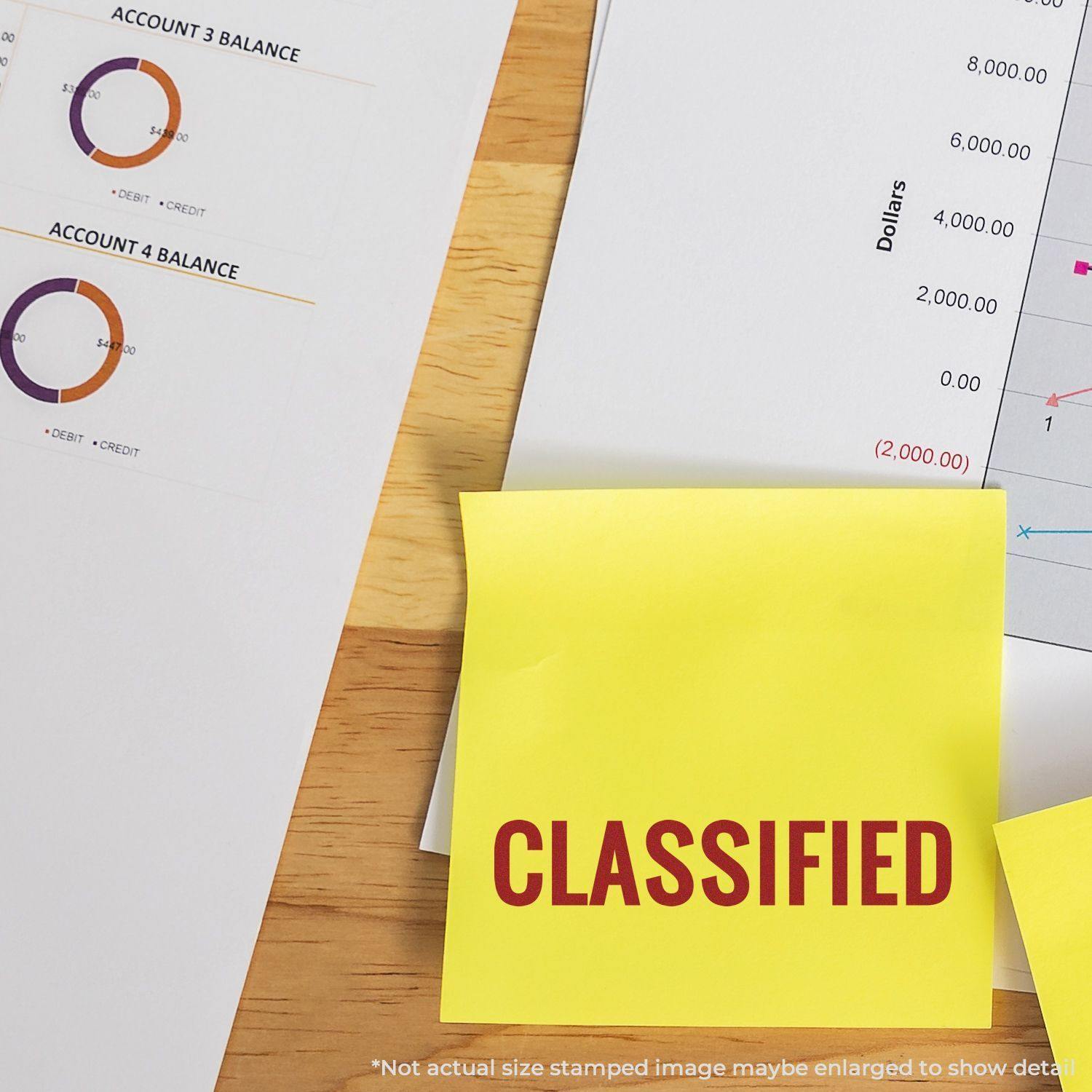 Classified Rubber Stamp used on a yellow sticky note, placed on a desk with financial documents and charts in the background.