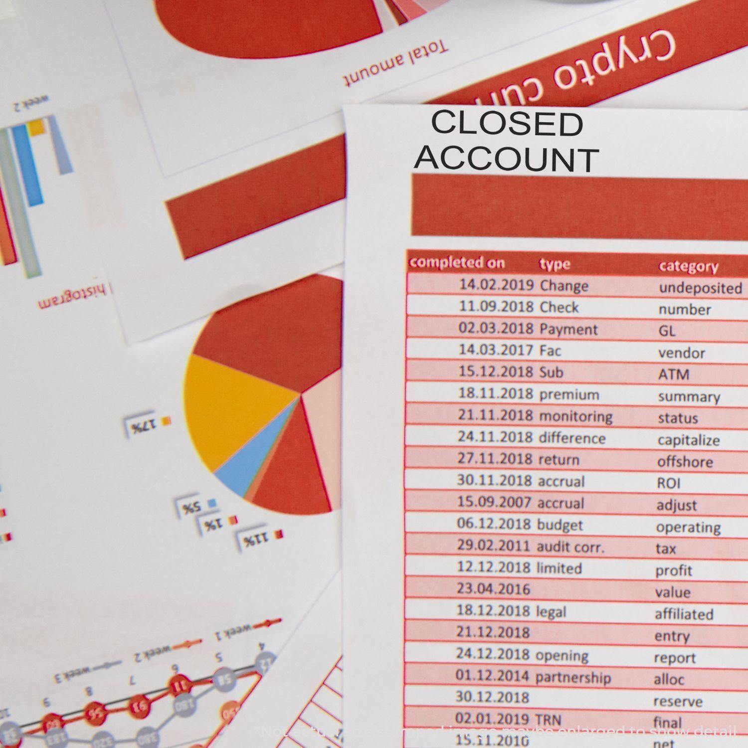 A Large Self Inking Closed Account Stamp is used on a document with financial charts and tables in the background. The stamp clearly marks CLOSED ACCOUNT on the paper.