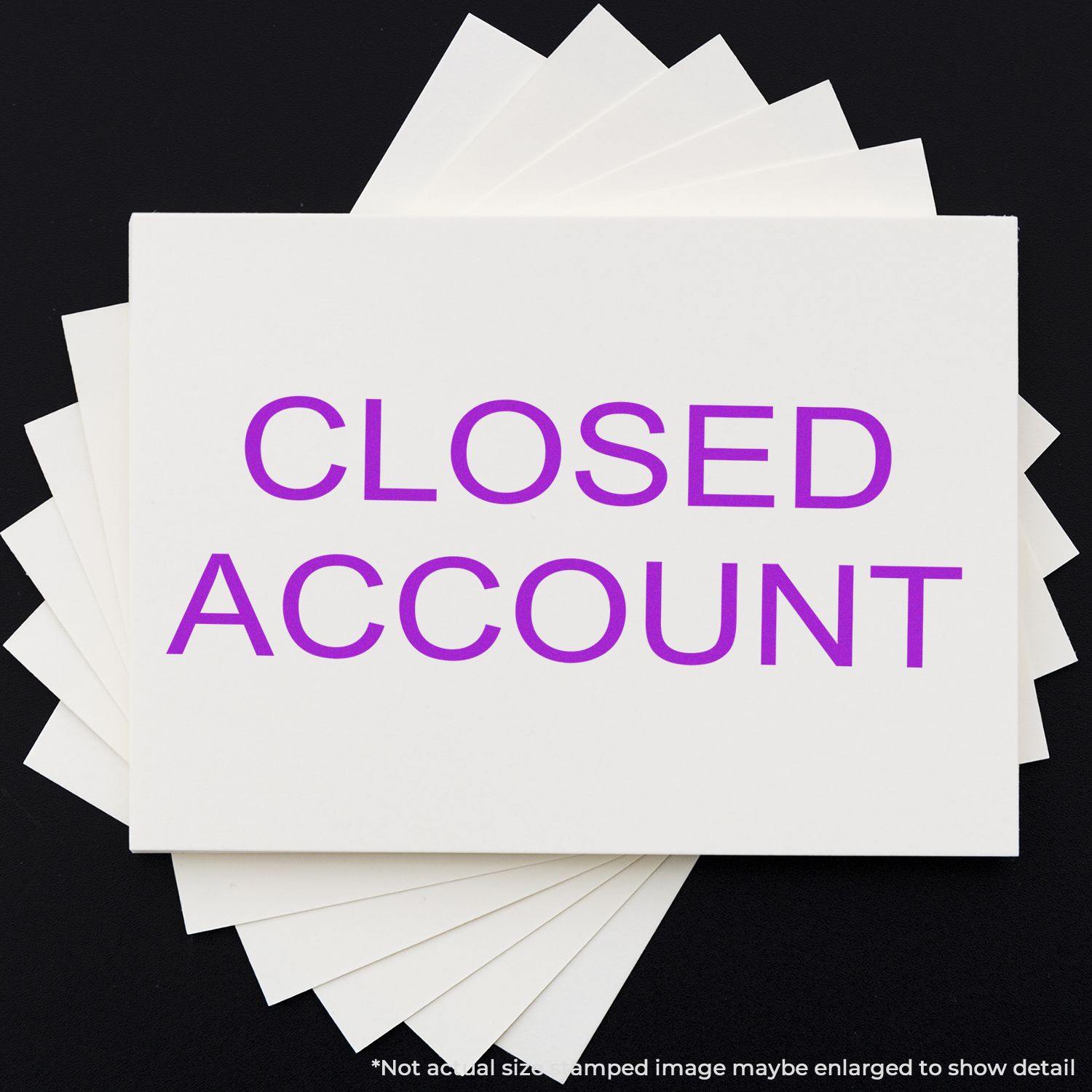 Closed Account Rubber Stamp in purple ink on a white card, displayed on a black background with overlapping cards.