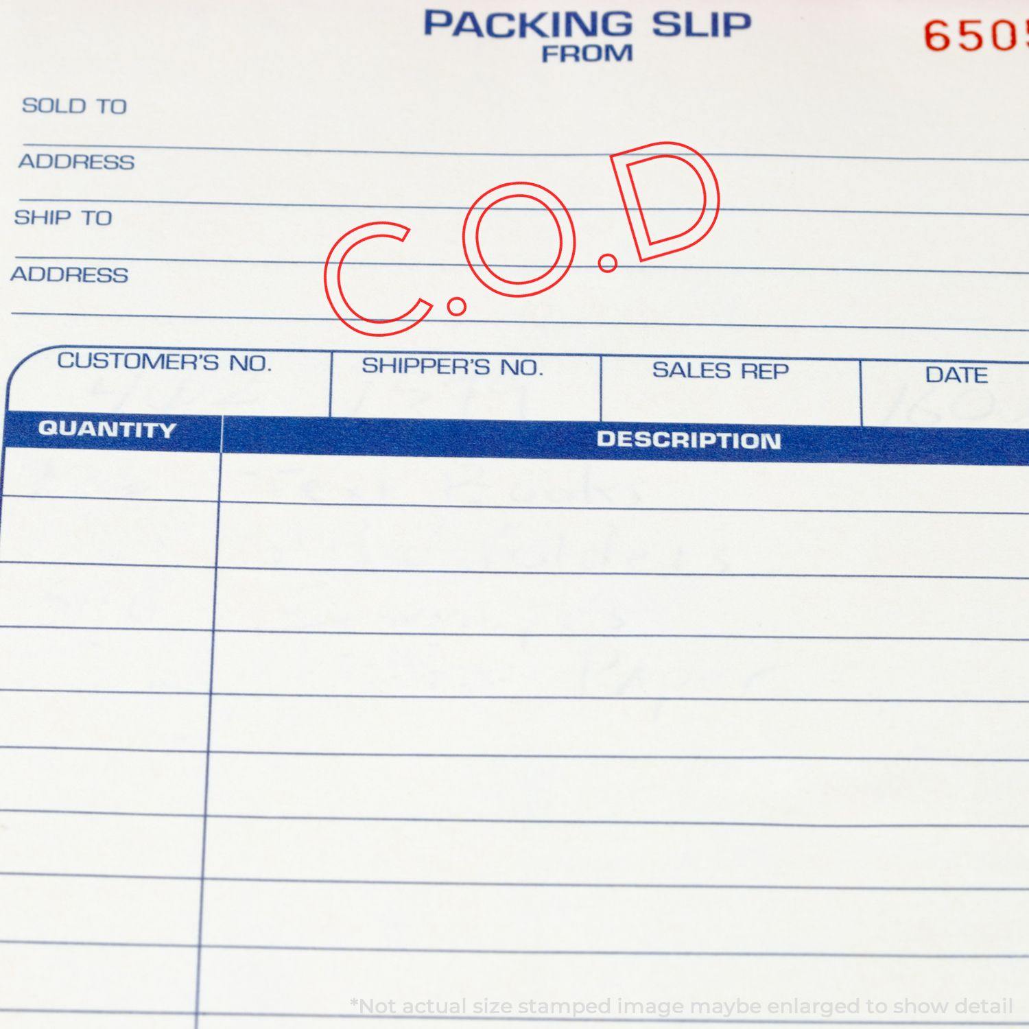 Packing slip with a red COD Outline Rubber Stamp mark, showing fields for sold to, address, customer’s number, shipper’s number, and description.