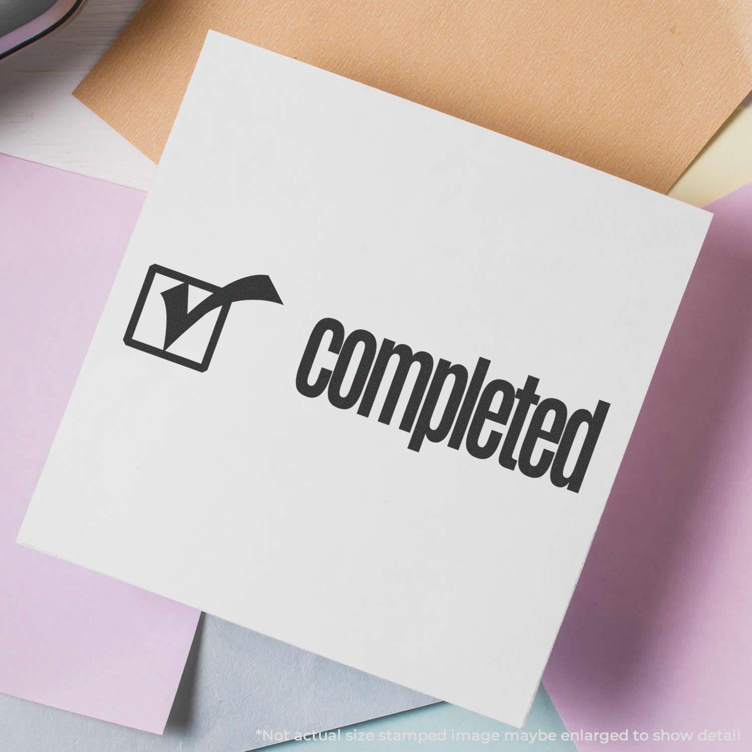 Self Inking Completed with Checkbox Stamp on white paper, showing a bold black checkmark in a box next to the word completed.