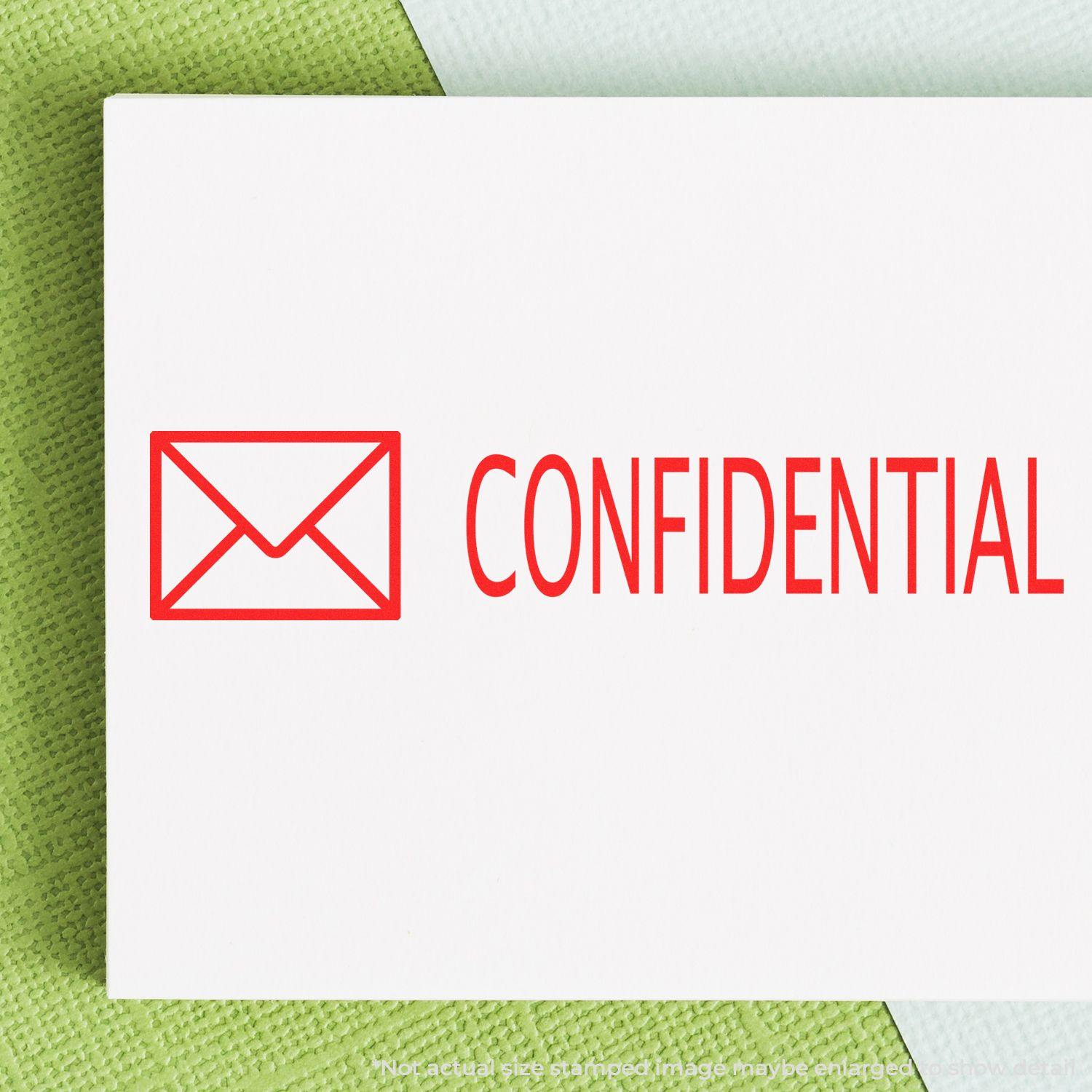 Slim Pre-Inked Confidential with Envelope Stamp in red on a white paper, placed on a green textured surface.