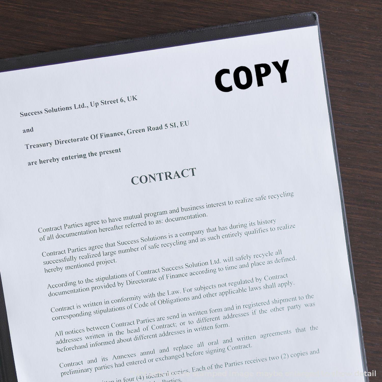 A Copy Rubber Stamp is used on a contract document, marking the word COPY in bold letters at the top right corner of the page.