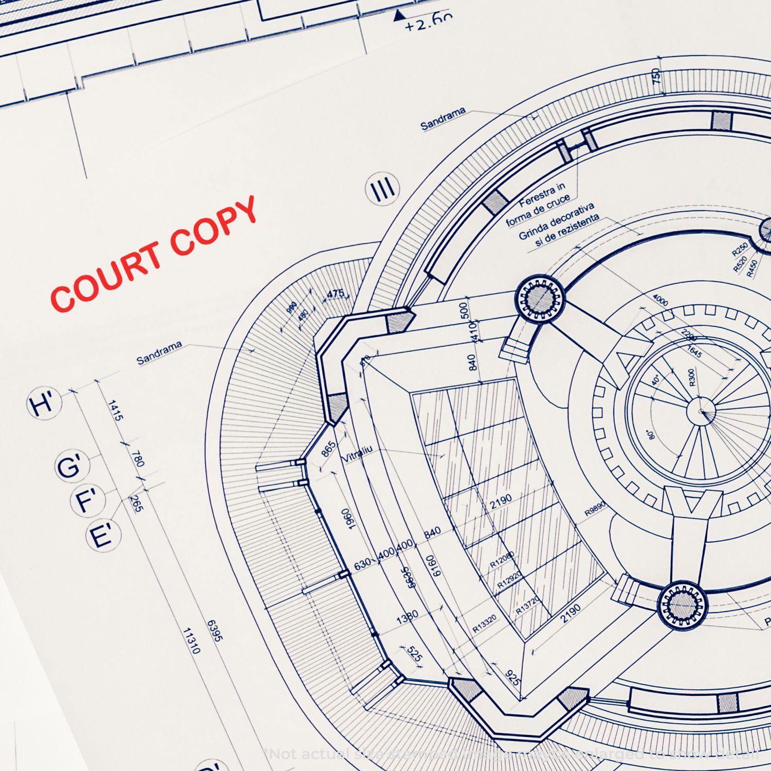 Blueprint with a red COURT COPY mark stamped using a Slim Pre-Inked Court Copy Stamp.