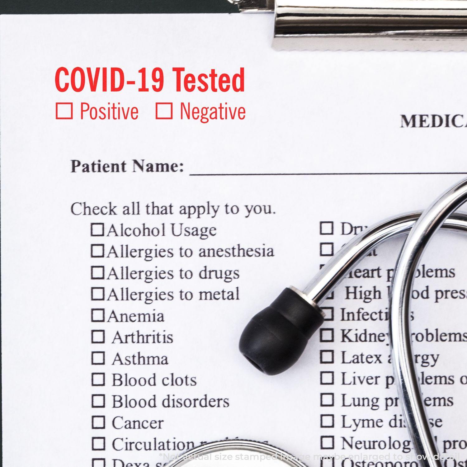 A Large Self Inking Covid-19 Tested Stamp marks a medical form with COVID-19 Tested and checkboxes for Positive and Negative, next to a stethoscope.