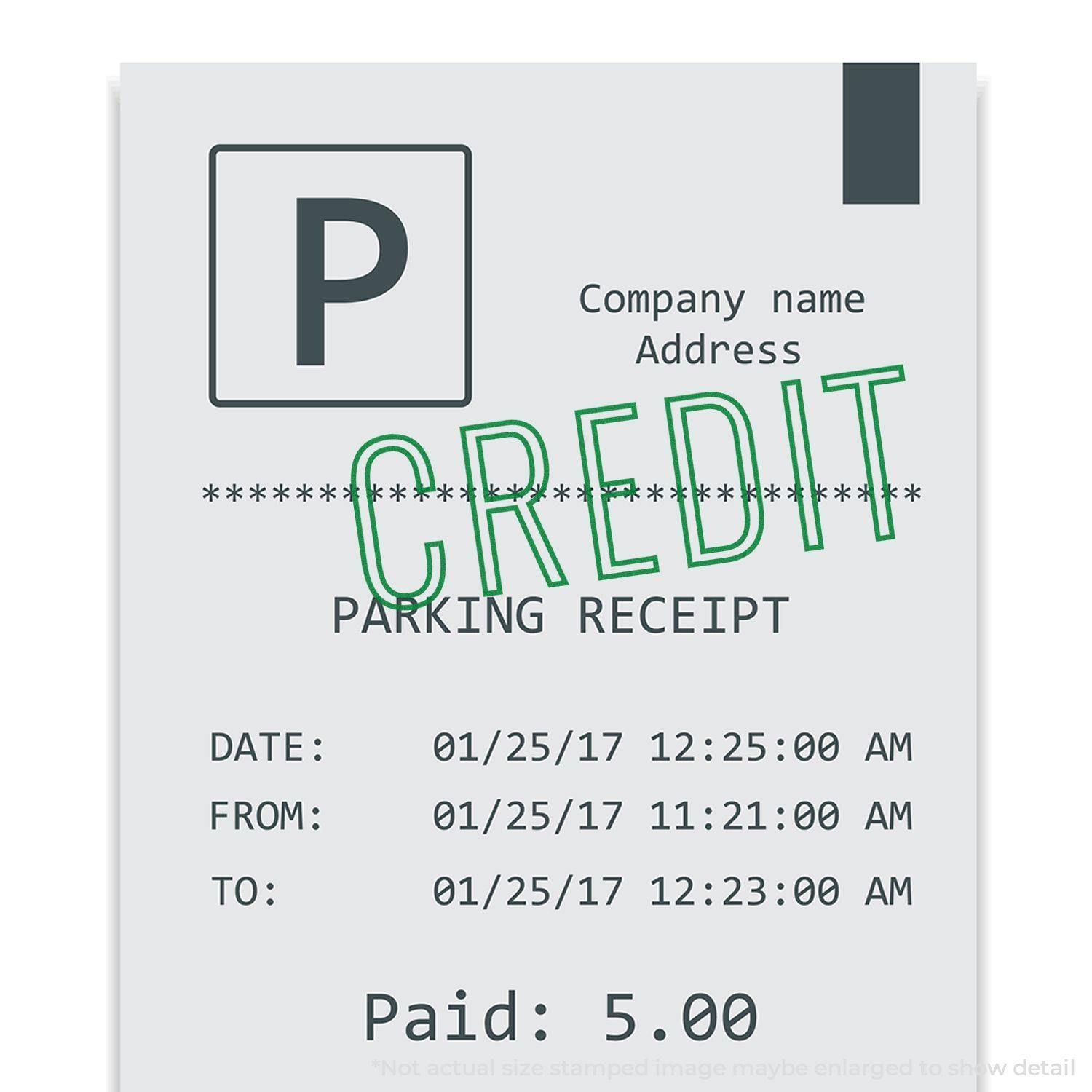 Parking receipt stamped with CREDIT using the Large Credit Outline Rubber Stamp, showing company name, address, and payment details.