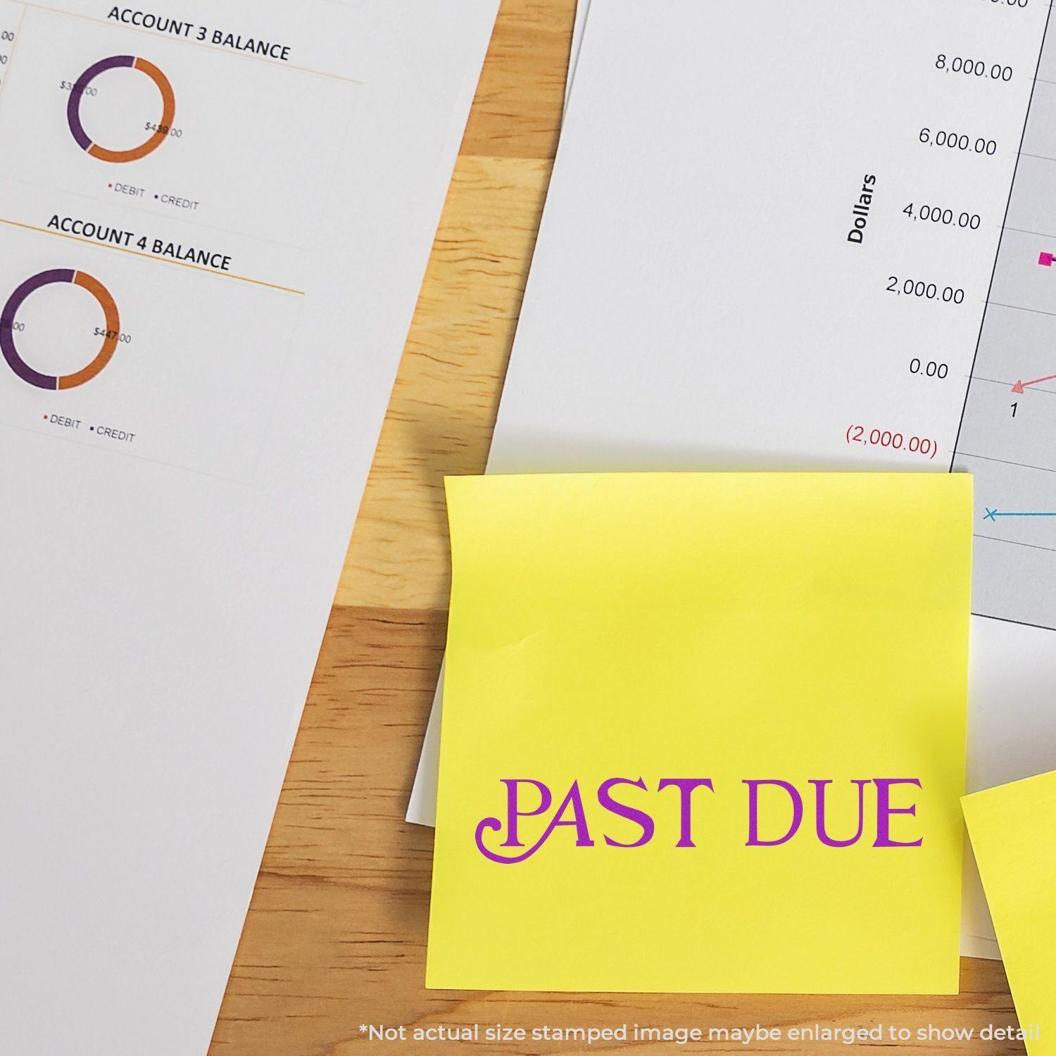 Self Inking Curley Past Due Stamp used on a yellow sticky note, placed on financial documents with charts and graphs in the background.