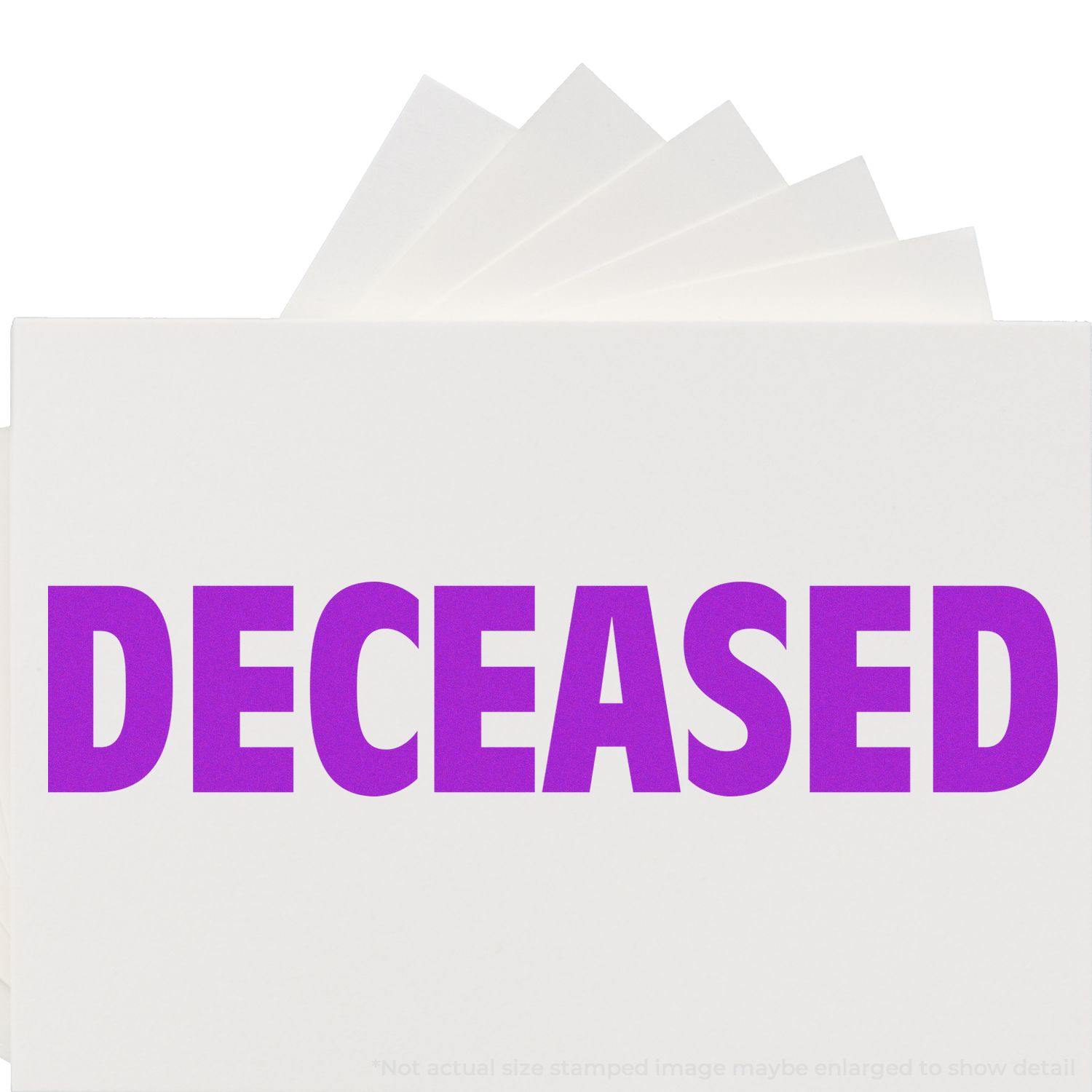 Slim Pre-Inked Deceased Stamp in use, displaying the word DECEASED in bold purple letters on a white background.