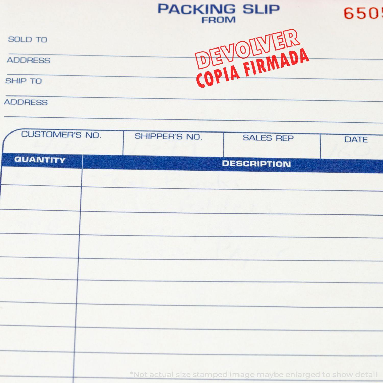 Packing slip with a red Slim Pre-Inked Devolver Copia Stamp marking in the top right corner, indicating Devolver Copia Firmada.