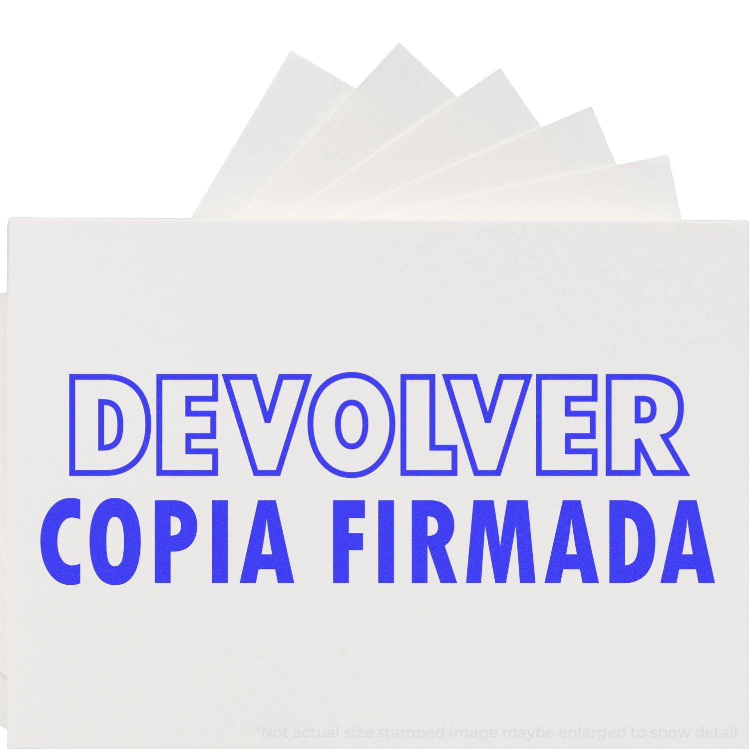 Slim Pre-Inked Devolver Copia Stamp in blue ink on white paper, emphasizing the text DEVOLVER COPIA FIRMADA.