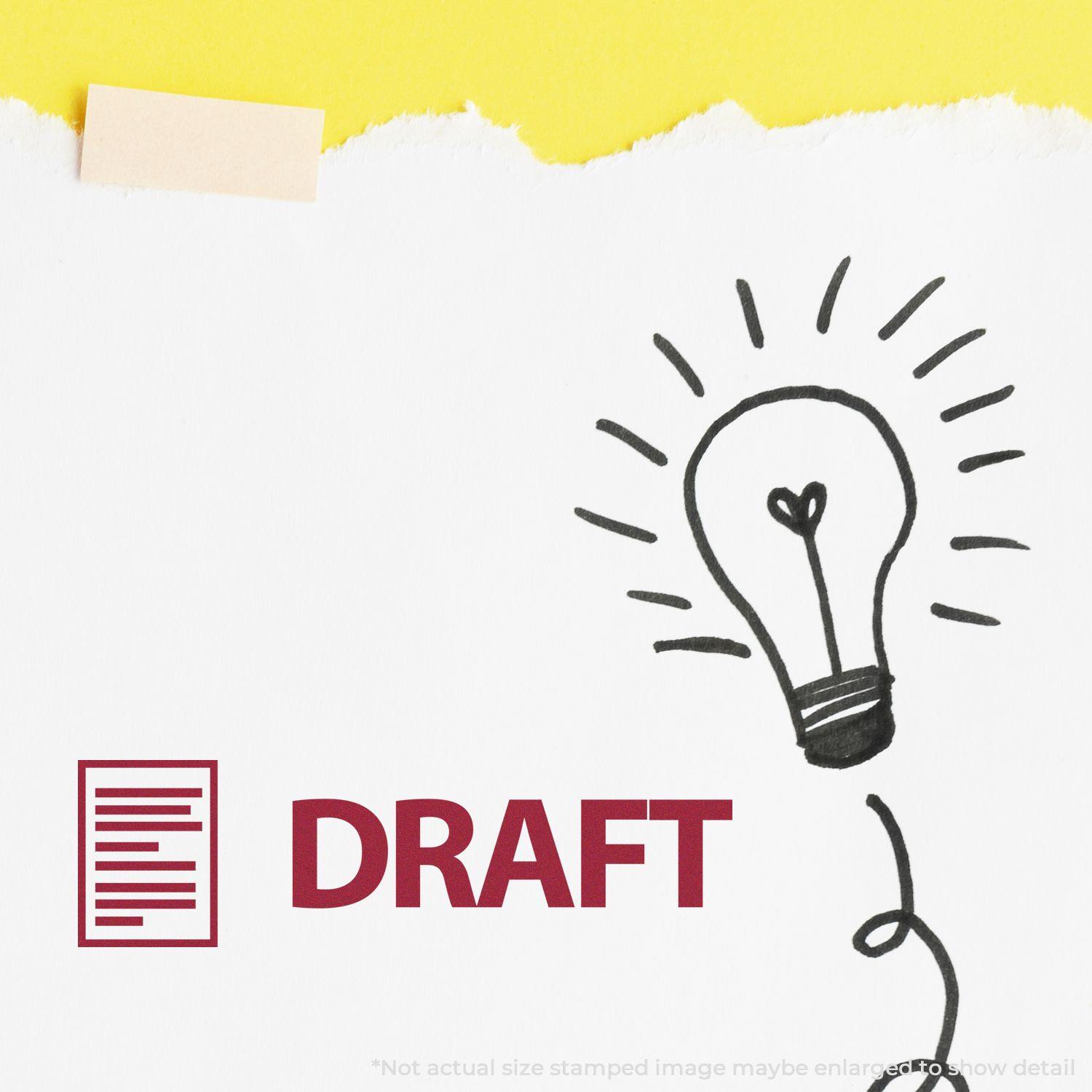 Large Draft with Letter Rubber Stamp used on a white paper with a lightbulb sketch, against a yellow background.