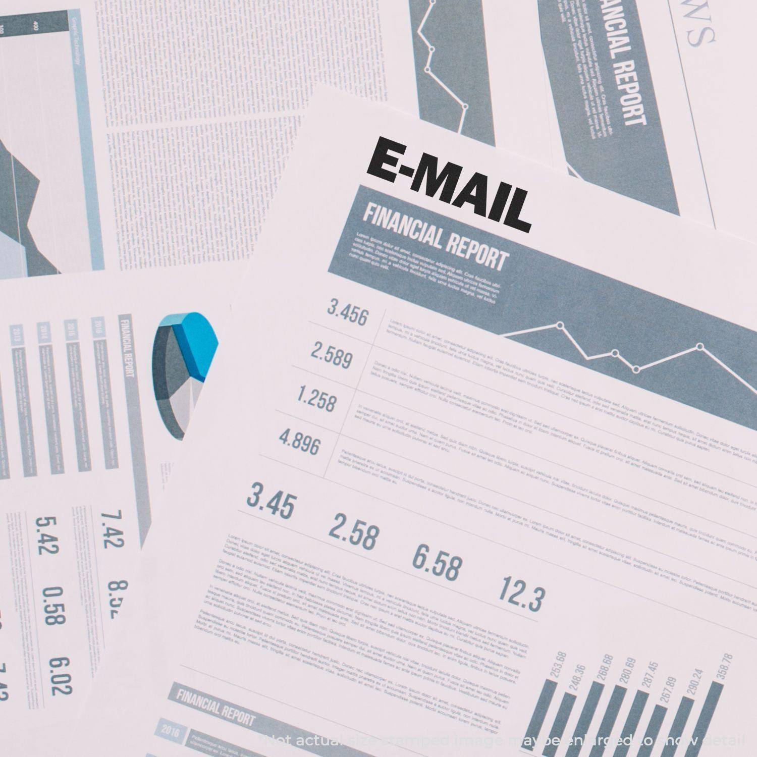 Slim Pre-Inked E-Mail Stamp used on financial report documents with graphs and charts in the background.