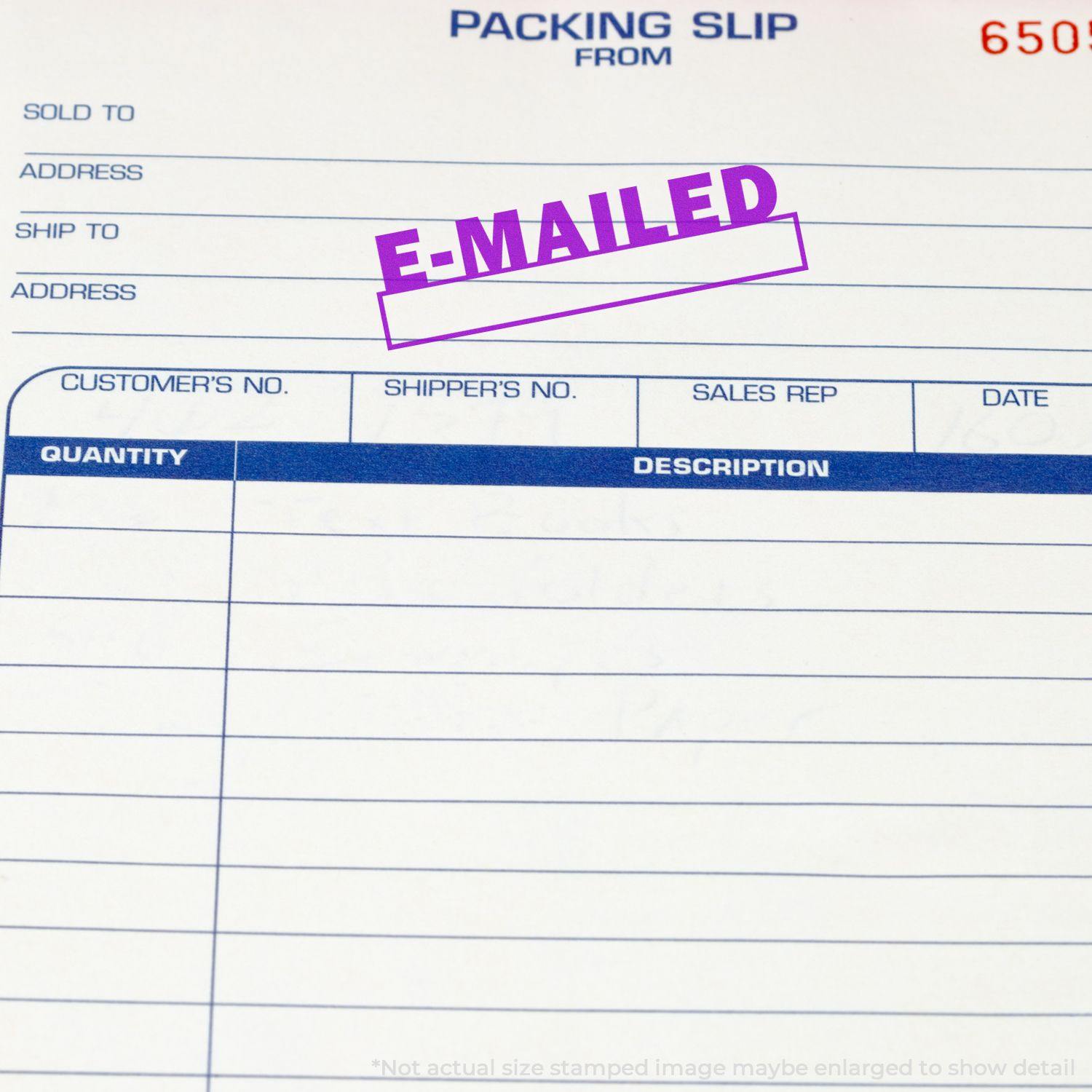 Packing slip stamped with E-mailed using the E-mailed with Date Box Rubber Stamp, showing fields for customer and shipping details.