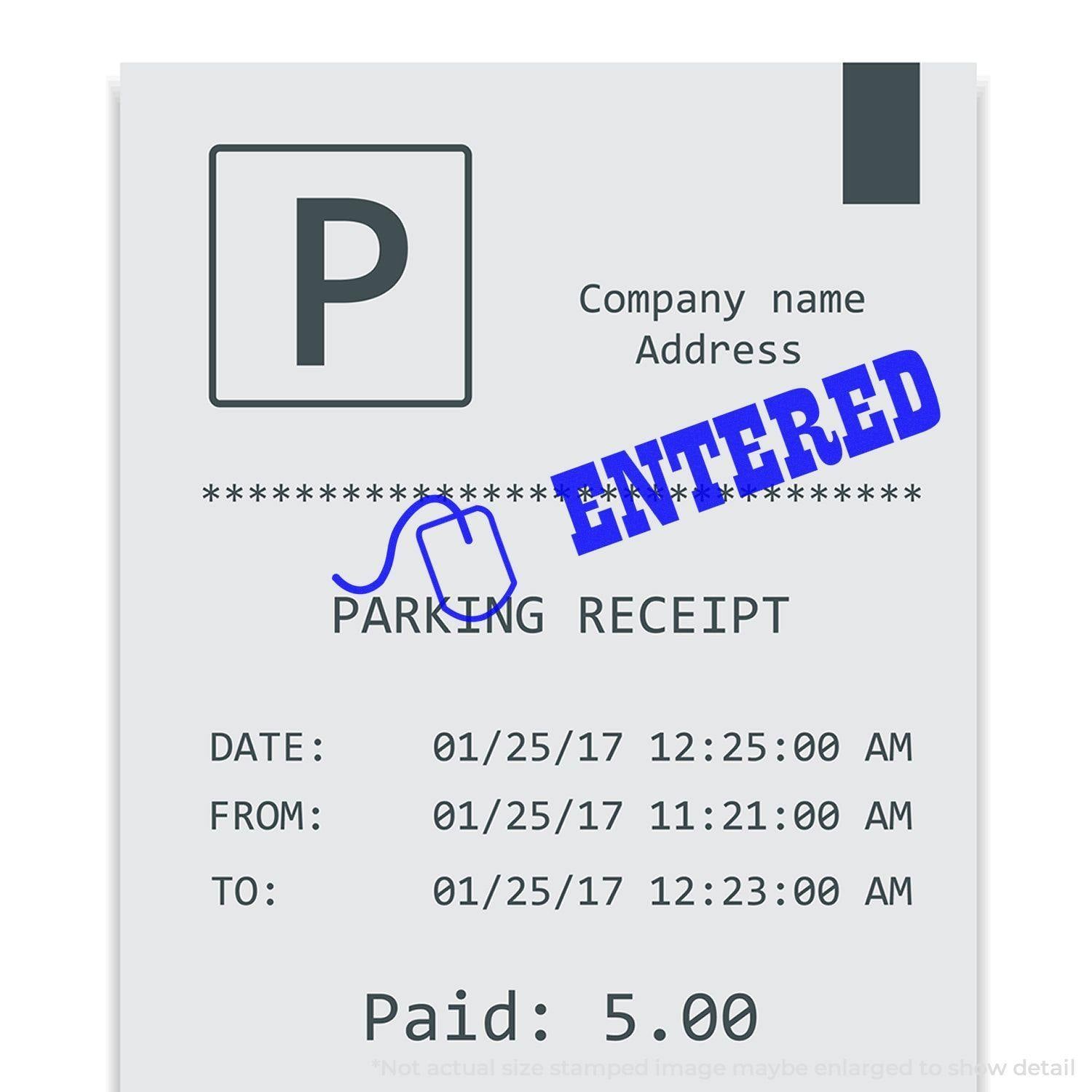 Parking receipt with Slim Pre-Inked Entered with Mouse Stamp in blue, showing company name, address, date, time, and paid amount.