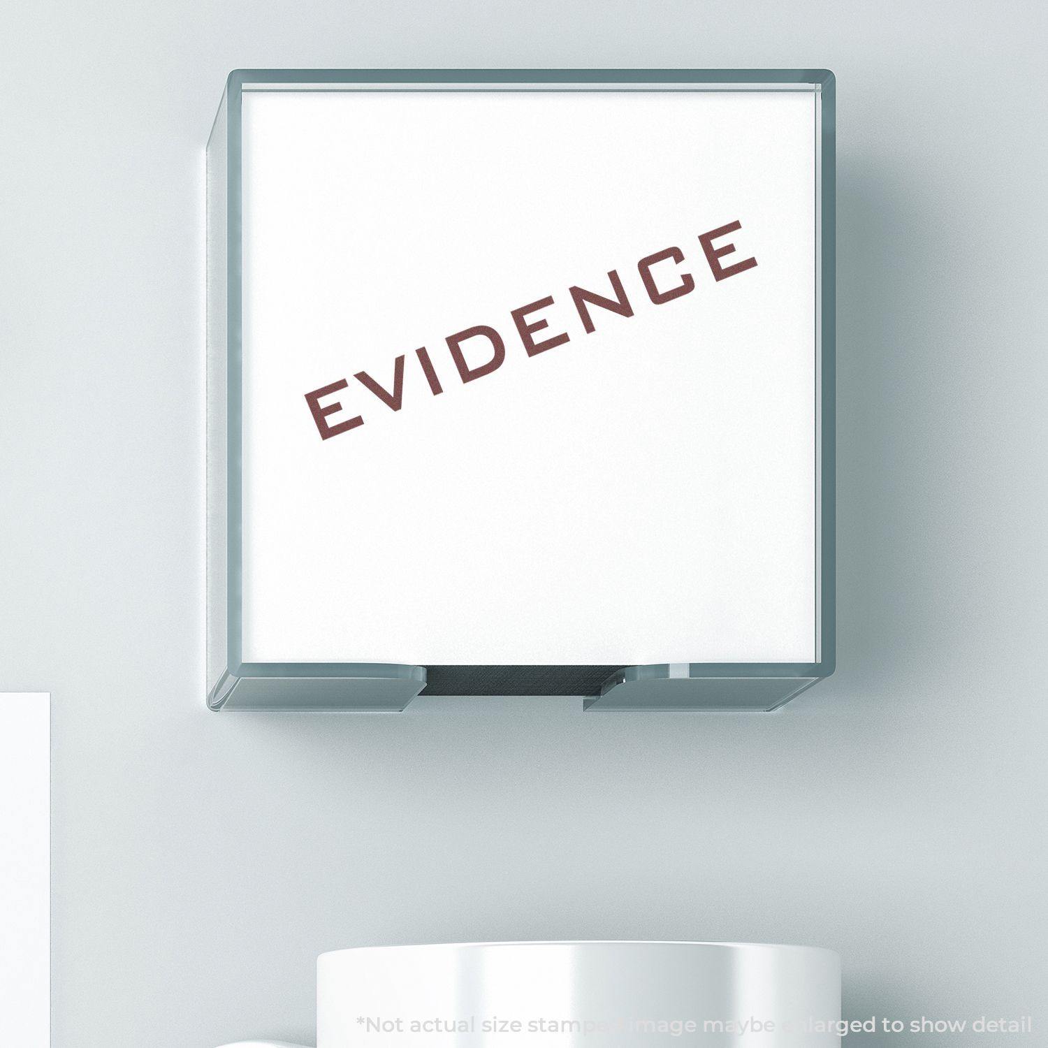 Slim Pre-Inked Evidence Stamp marking the word EVIDENCE in red on a white surface, with a clear casing visible.