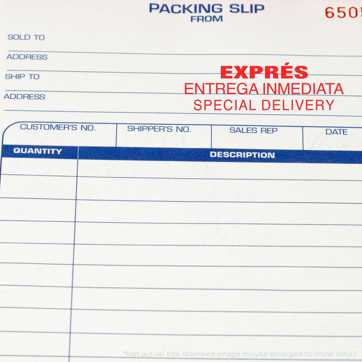 Packing slip stamped with Slim Pre-Inked Expres Entrega Inmedia Stamp in red, showing special delivery details.