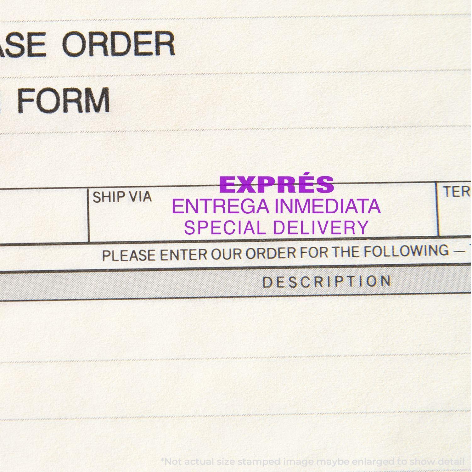 Close-up of a purchase order form stamped with a Large Self Inking Expres Entrega Inmediata Stamp in purple ink, indicating immediate delivery.