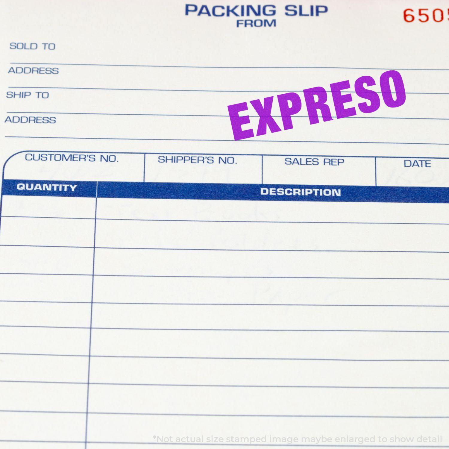 Packing slip stamped with EXPRESO using a Slim Pre-Inked Expreso Stamp, highlighting the stamp's clear and bold imprint.