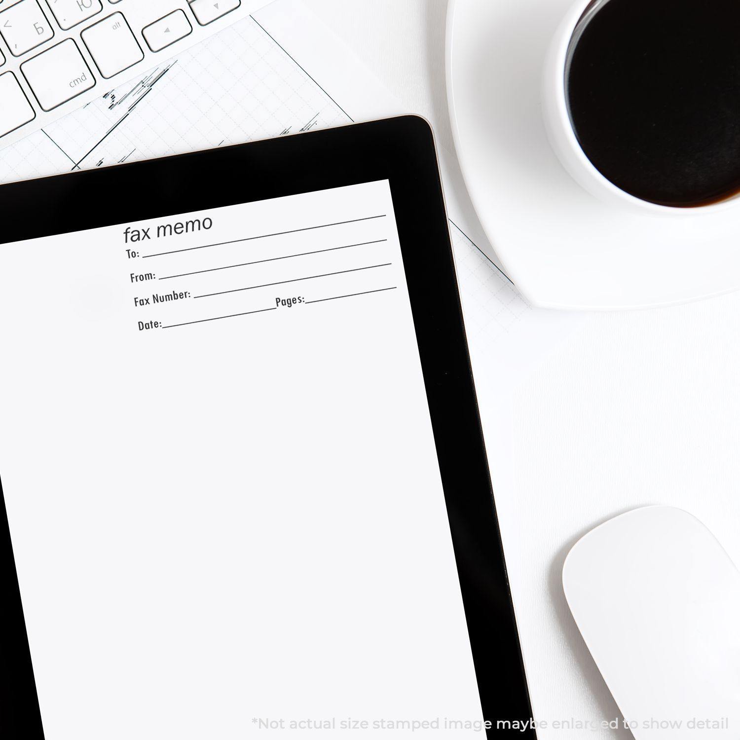 A Fax It 2 Rubber Stamp is shown on a desk with a keyboard, coffee cup, and mouse, stamping a fax memo sheet.