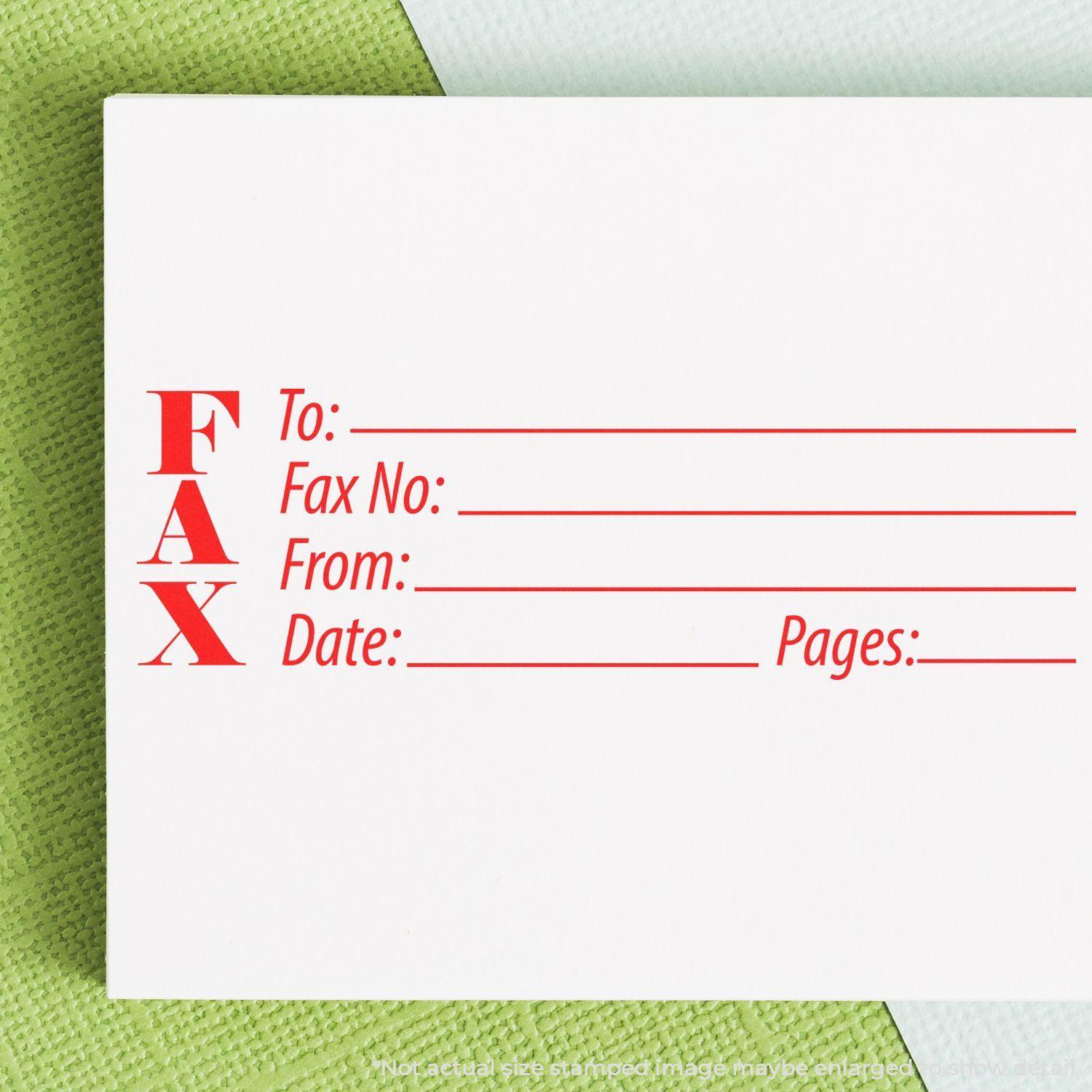 Fax Rubber Stamp in red ink on white paper with fields for To, Fax No, From, Date, and Pages, placed on a green and white background.