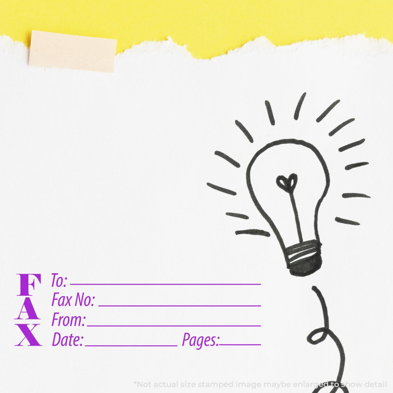 Large Pre-Inked Fax Stamp in use on a white paper with a lightbulb drawing, featuring fields for To, Fax No., From, Date, and Pages.