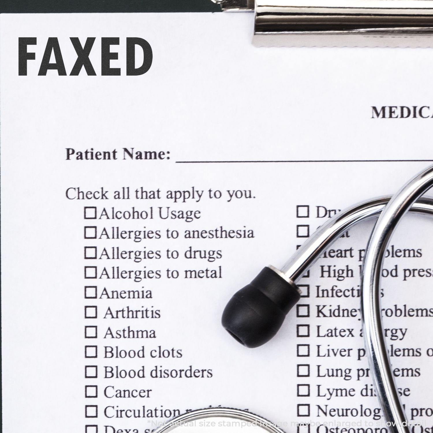 Slim Pre-Inked Faxed Stamp marking a medical form with a stethoscope nearby, indicating the document has been faxed.