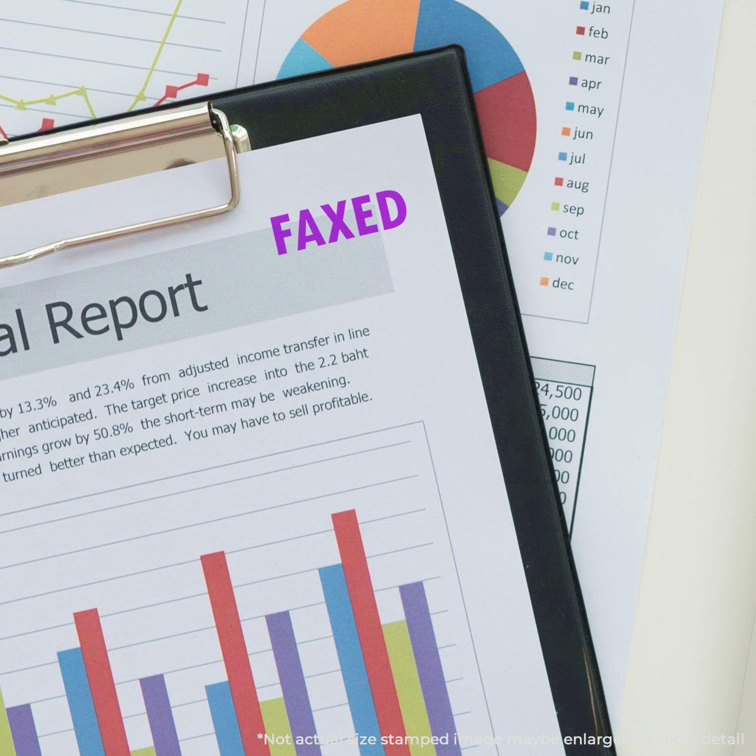 A clipboard with a financial report stamped with a purple FAXED Rubber Stamp, surrounded by charts and graphs.