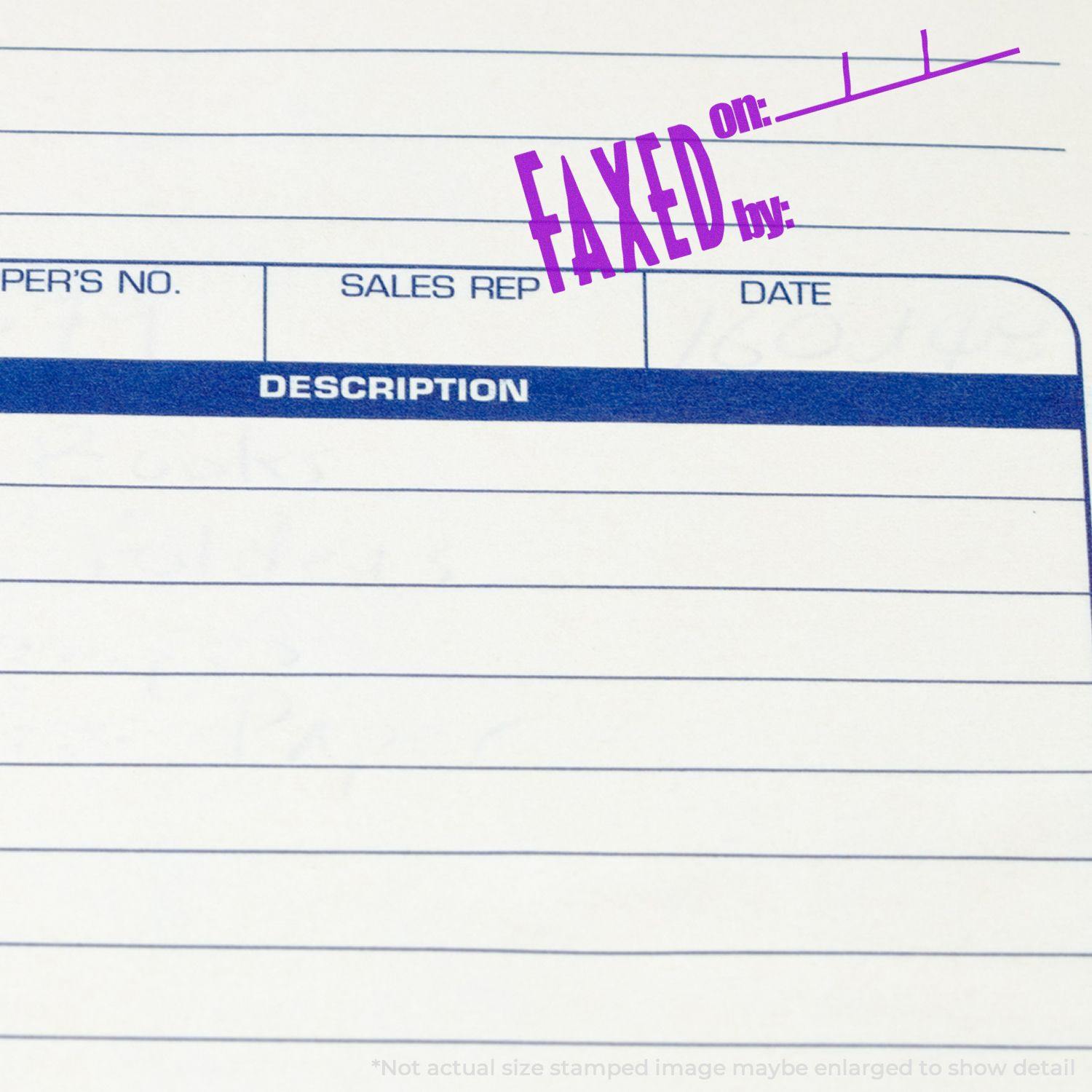 Close-up of a document stamped with 'Faxed on' using the Faxed on Rubber Stamp in purple ink, showing fields for date and sender.