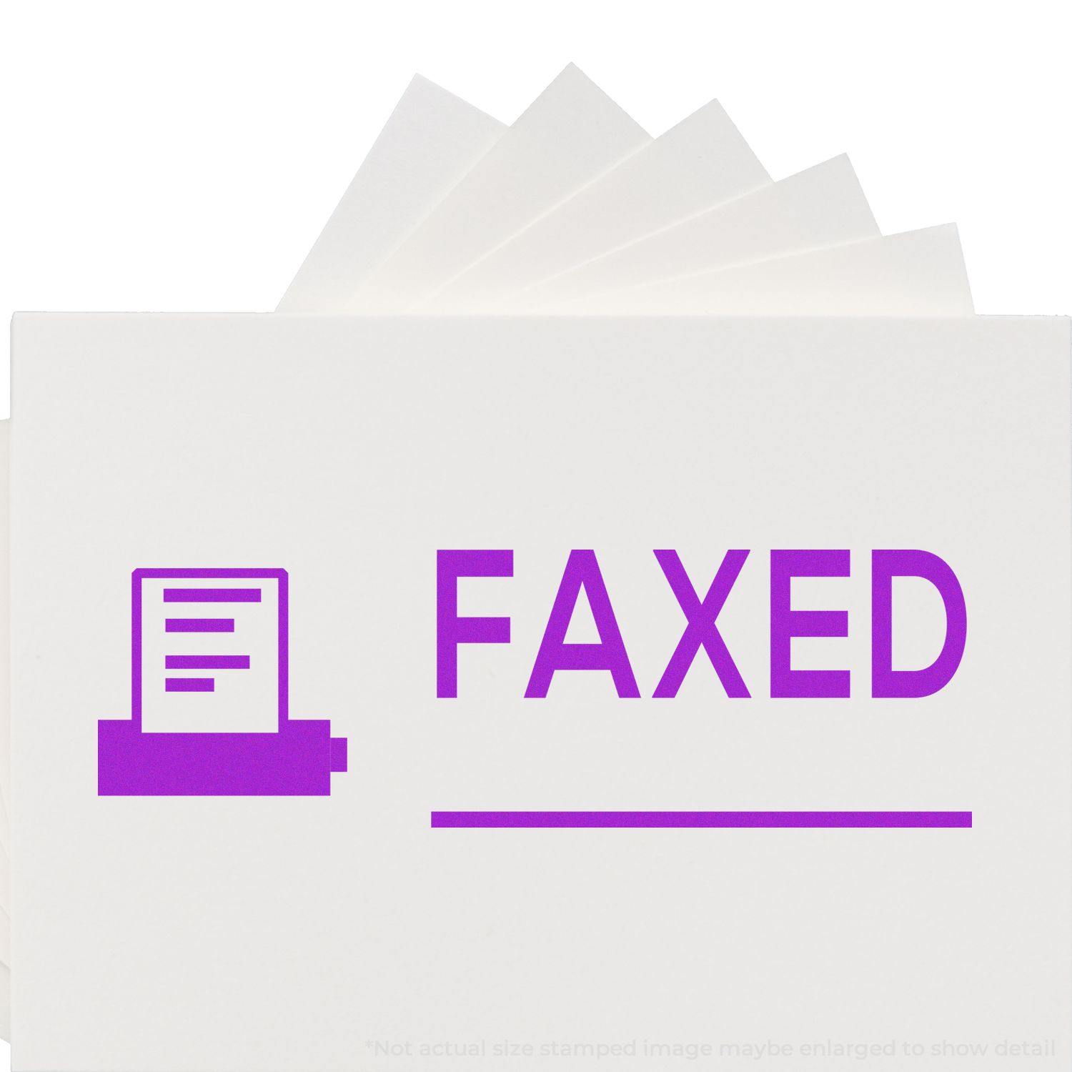 Slim Pre-Inked Faxed with Machine Stamp in purple ink on white paper, showing a fax machine icon and the word FAXED.