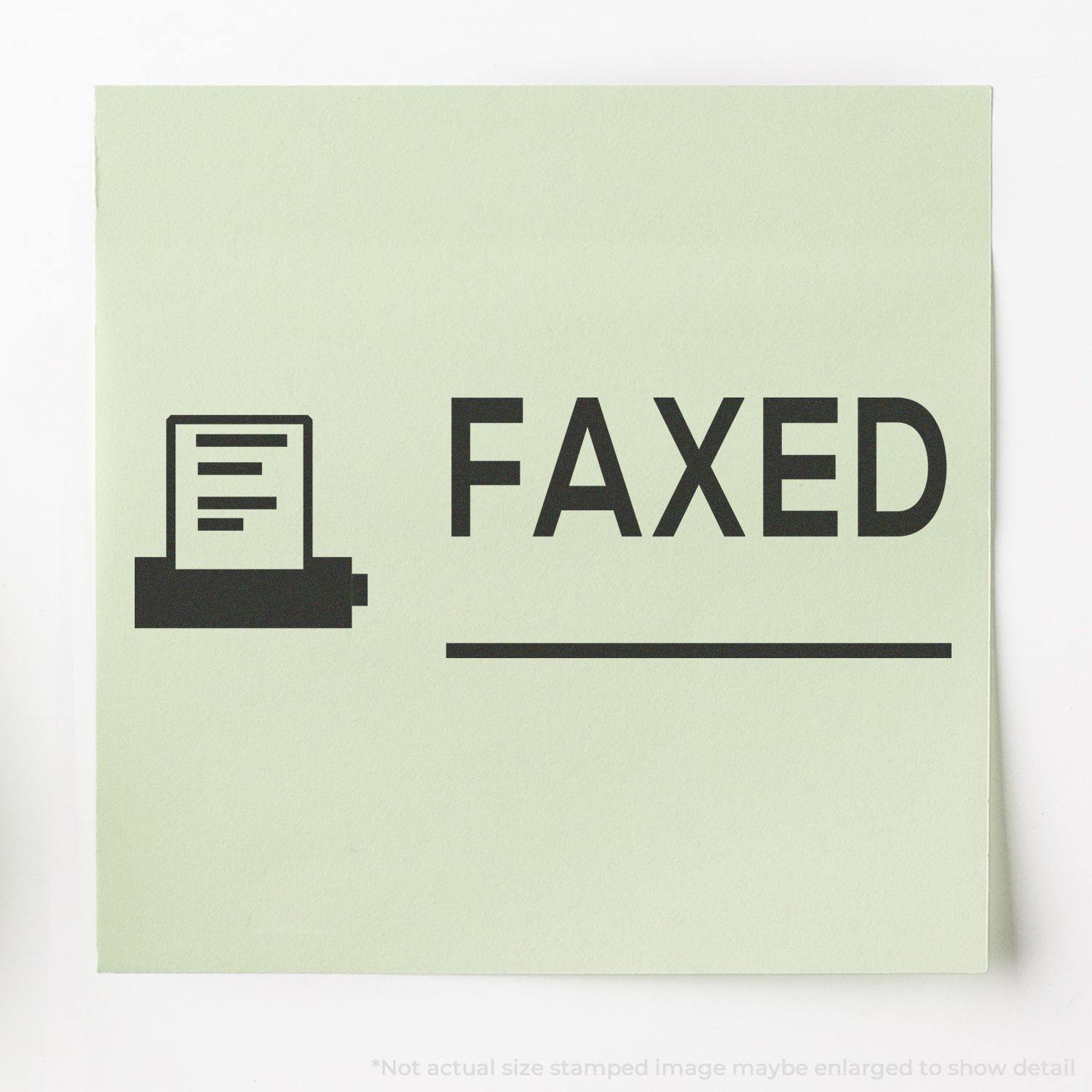 Slim Pre-Inked Faxed with Machine Stamp on green paper, showing a fax machine icon and the word FAXED in bold black letters.