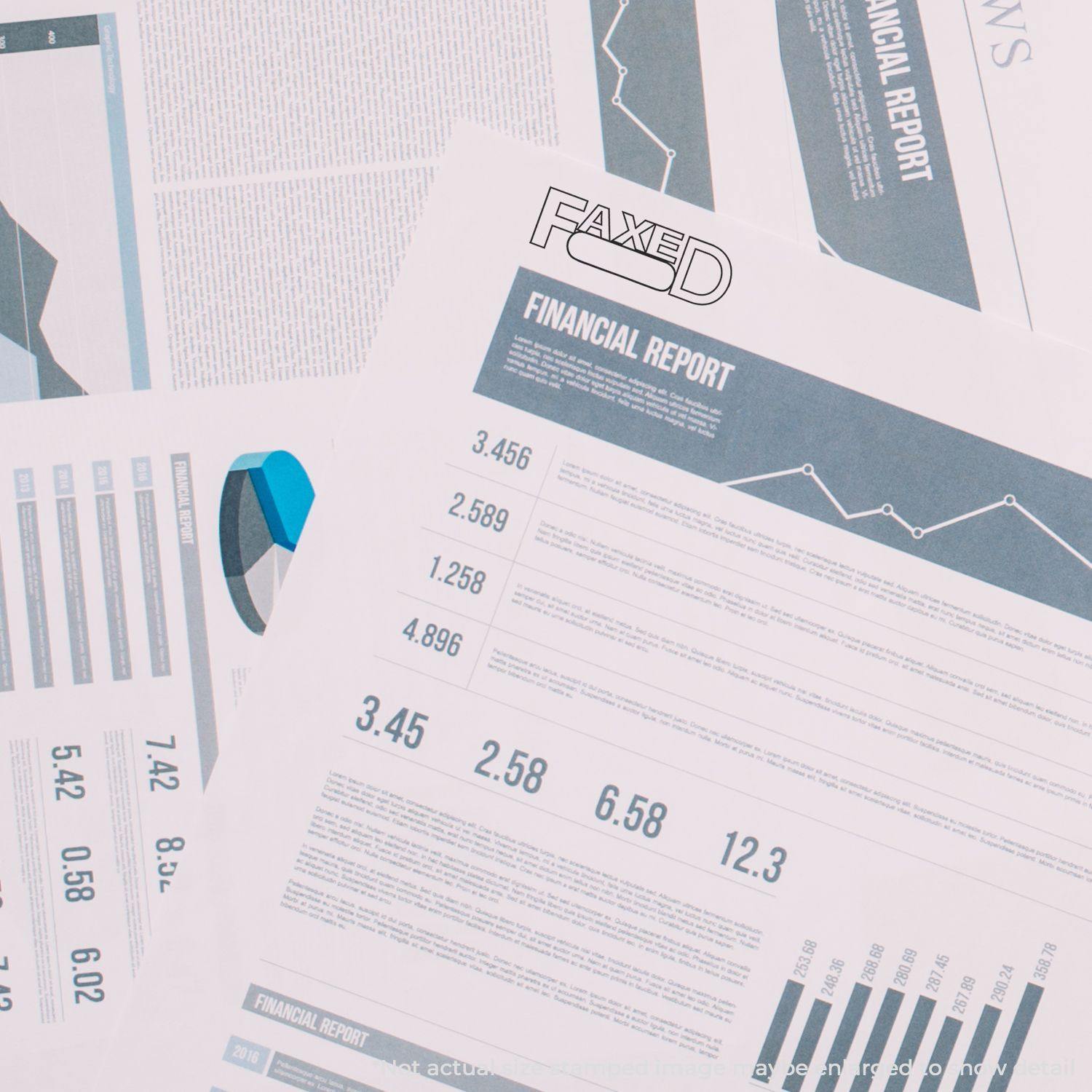 Large Faxed with Round Date Box Rubber Stamp used on financial report documents with charts and graphs.