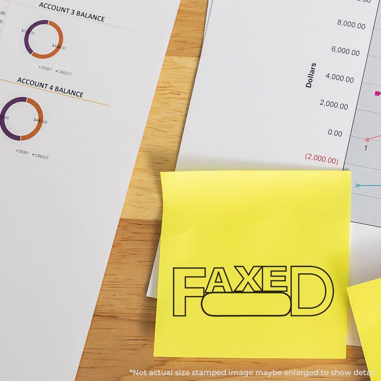 Self Inking Faxed with Round Date Box Stamp on a yellow sticky note, surrounded by financial documents and charts.