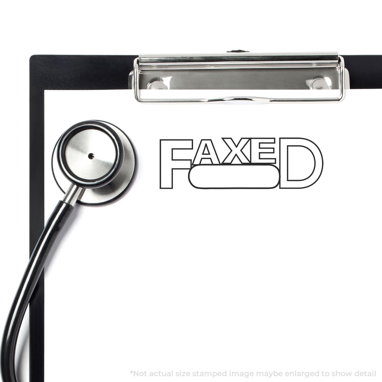 A clipboard with a stethoscope and a stamped FAXED mark using the Faxed with Round Date Box Rubber Stamp.