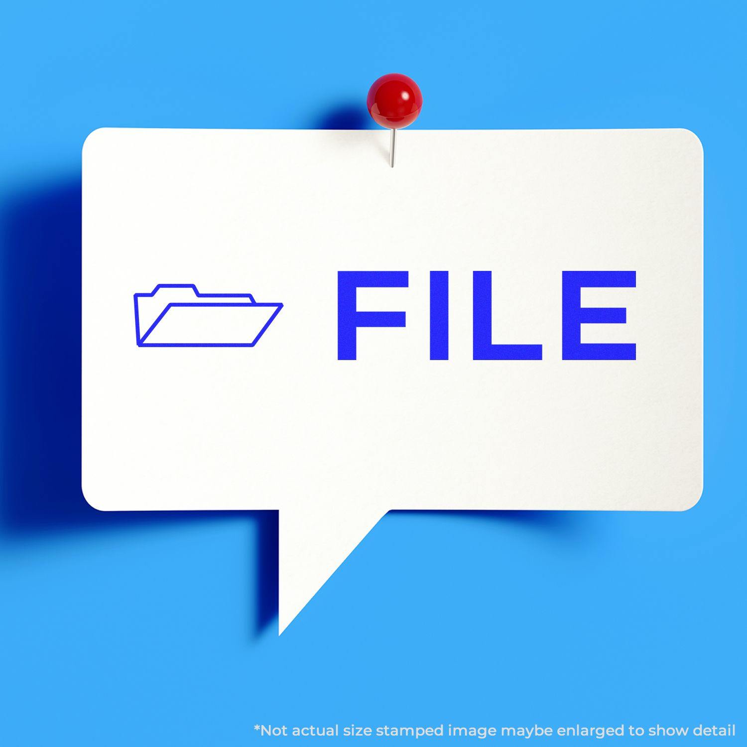 Slim Pre-Inked File with Folder Stamp on a white speech bubble-shaped card pinned to a blue background.