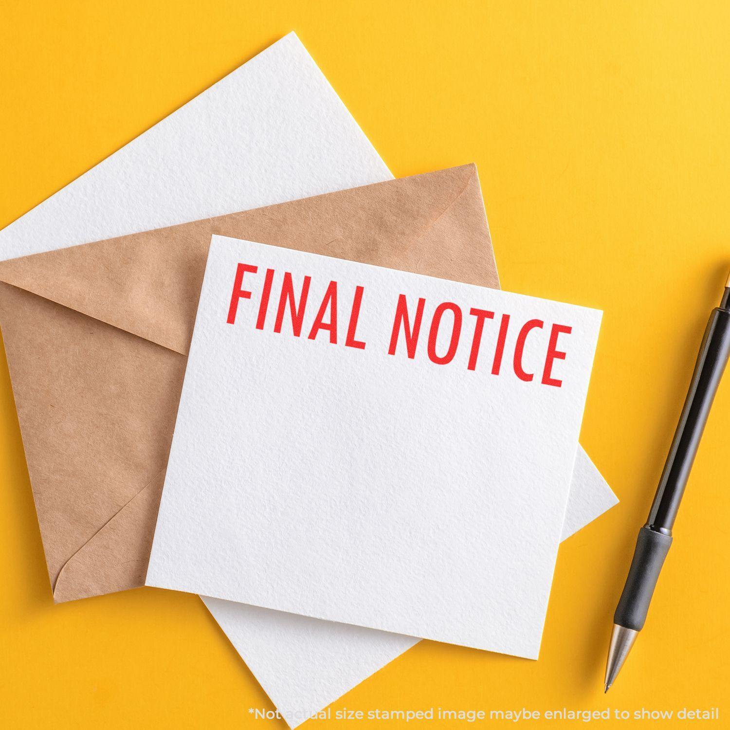 Large Final Notice Rubber Stamp used on a white card with FINAL NOTICE in red, placed next to a brown envelope and a black pen on a yellow background.