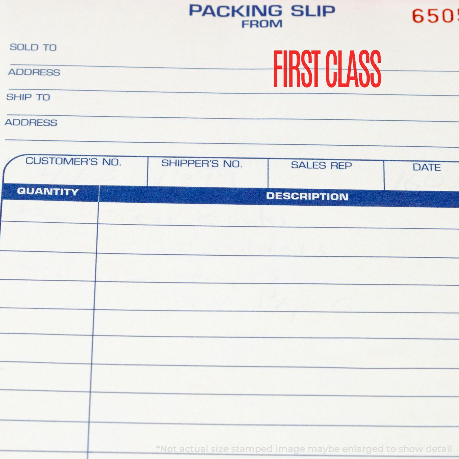 Packing slip with FIRST CLASS marked in red using a Slim Pre-Inked First Class Stamp.