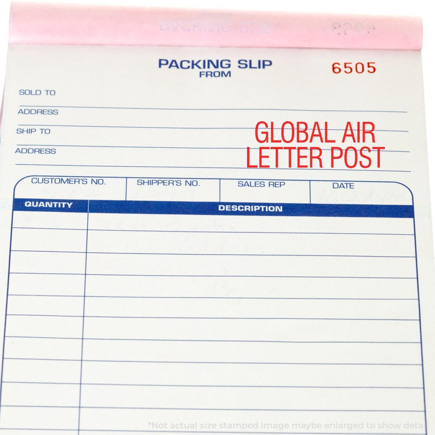 Packing slip with a Large Global Air Letter Post rubber stamp in red ink, highlighting the product name prominently on the form.