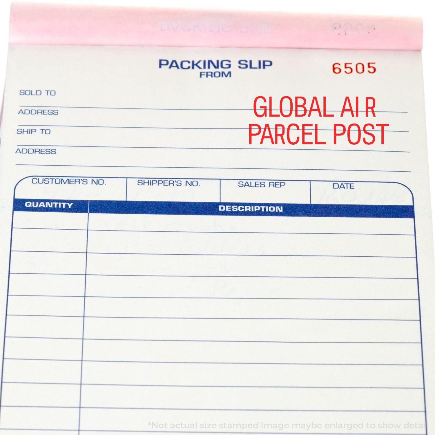 Packing slip with GLOBAL AIR PARCEL POST stamped in red using a Slim Pre-Inked Global Air Parcel Post Stamp.