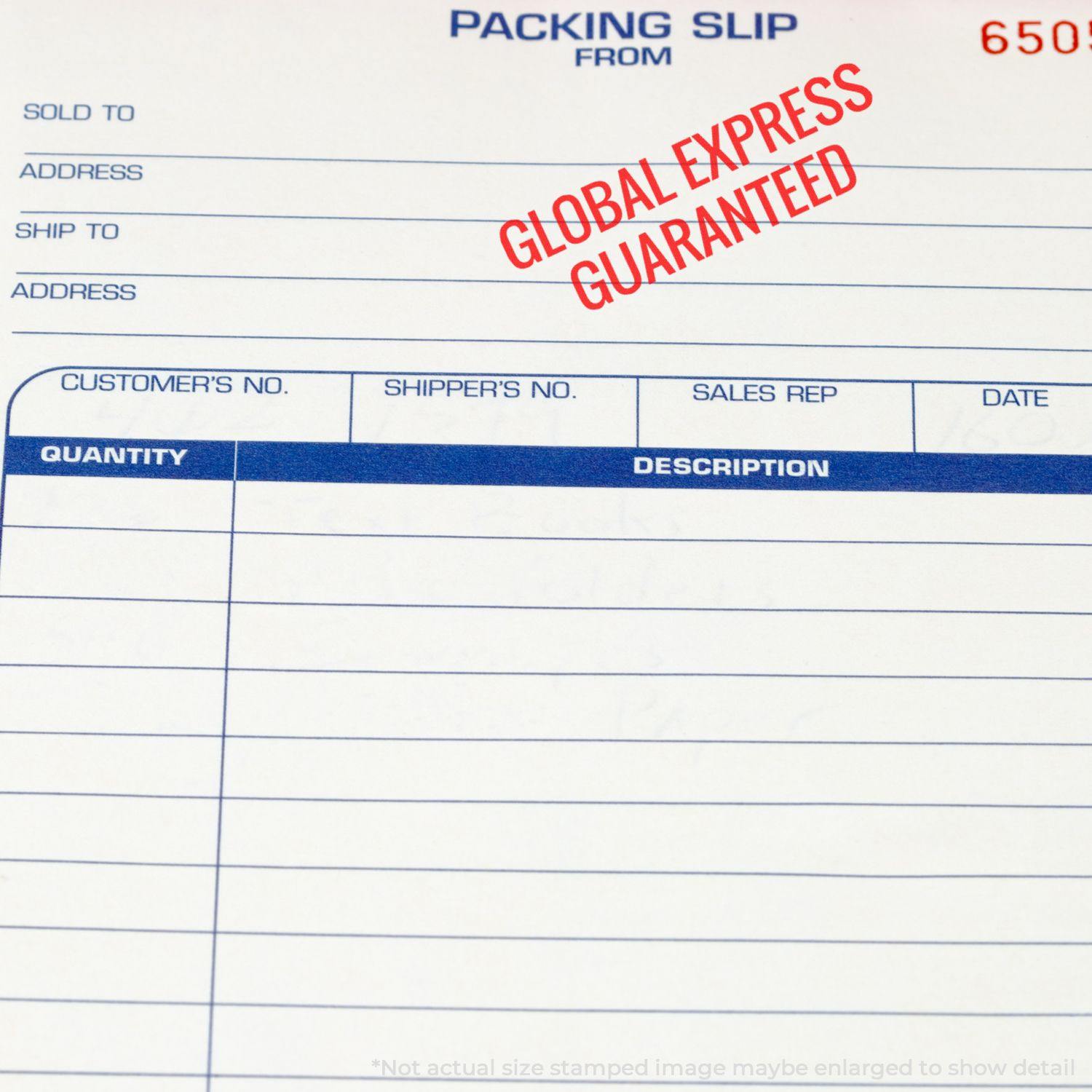 Packing slip stamped with Global Express Guaranteed using a Self Inking Global Express Guaranteed Stamp in red ink.