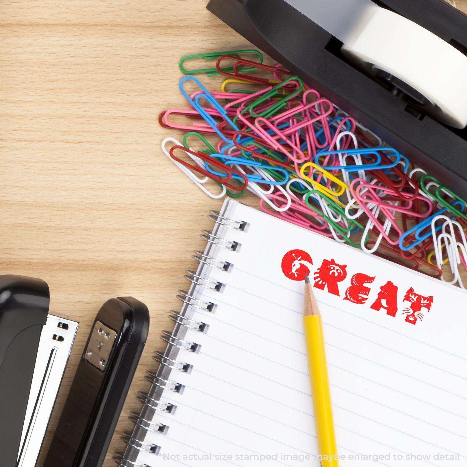 A Large Great Rubber Stamp imprinting the word GREAT in red on a notebook, surrounded by colorful paperclips, a stapler, and tape dispenser.