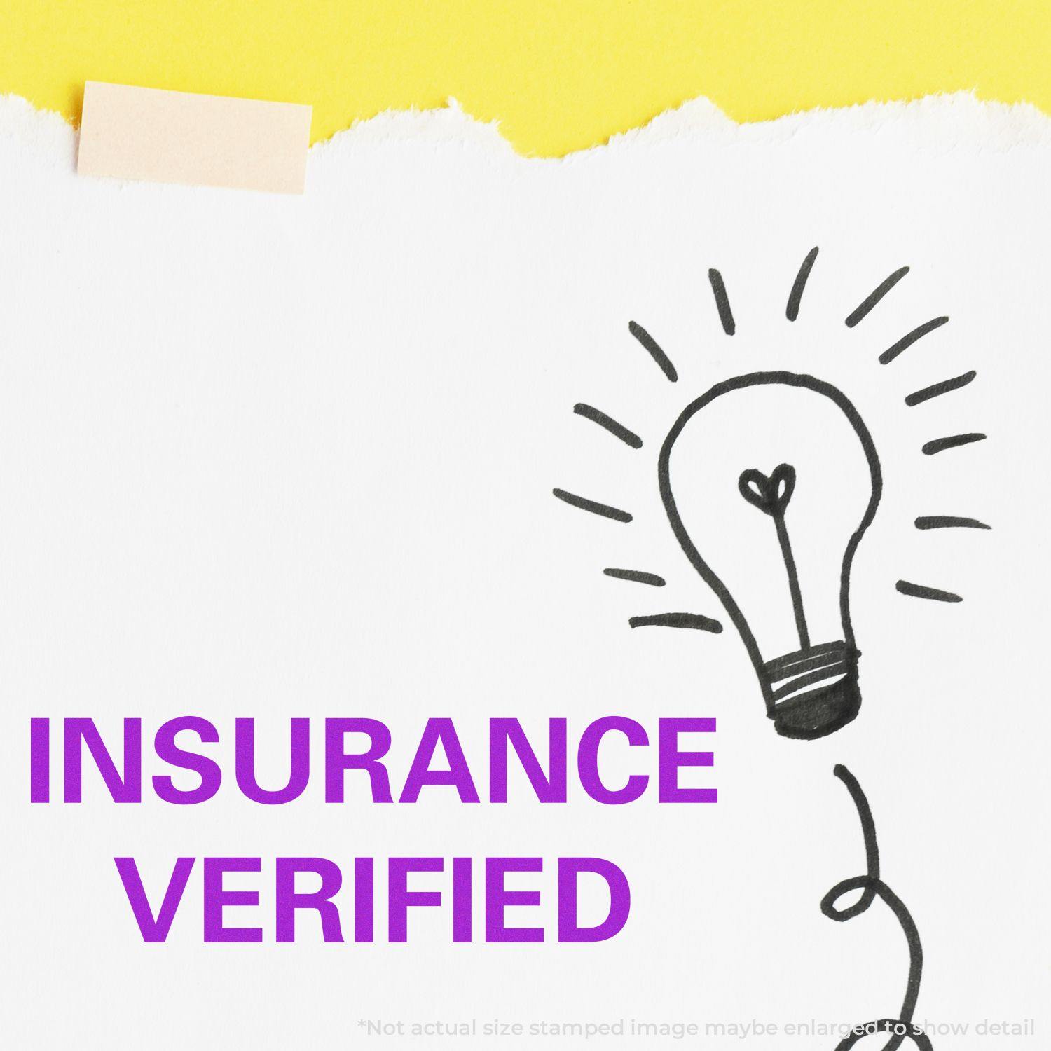 Image of a Slim Pre-Inked Insurance Verified Stamp impression on paper with a lightbulb sketch and yellow background.