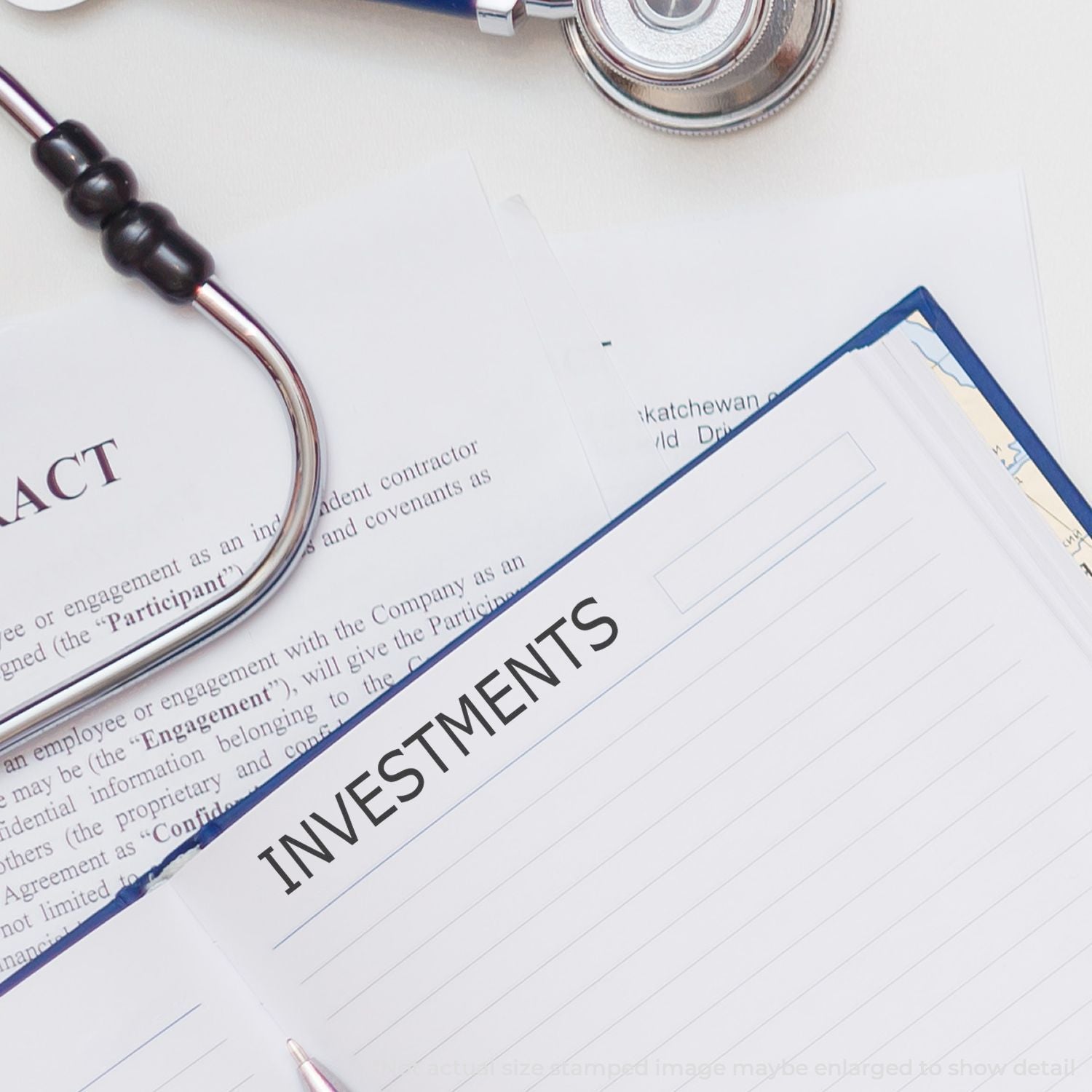 Self Inking Investments Stamp used on a document with a stethoscope and contract papers in the background.