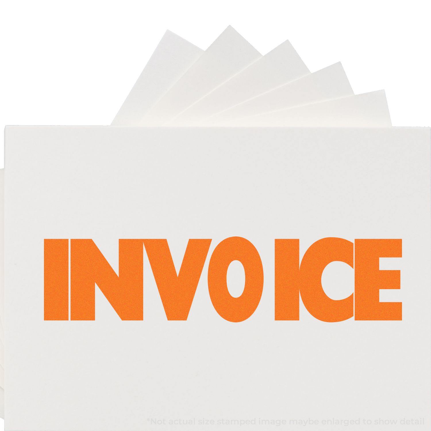 Large Invoice Rubber Stamp in use, displaying bold orange INVOICE text on white paper.